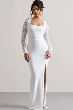 For Love | White Split Maxi Dress With Lace Sleeves