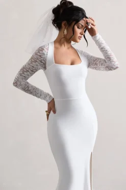 For Love | White Split Maxi Dress With Lace Sleeves