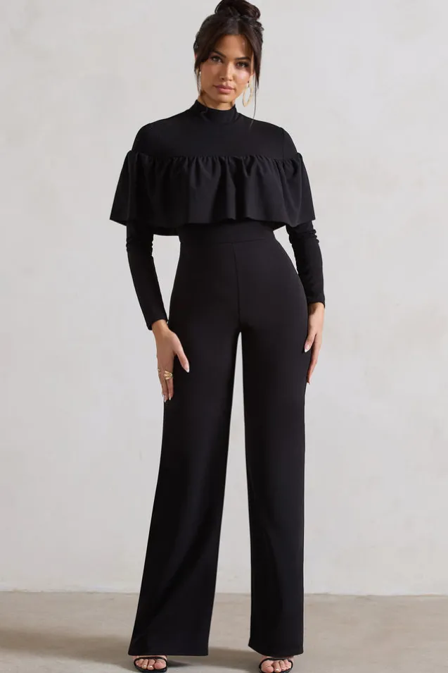 For The Frill | Black High-Neck Straight-Leg Jumpsuit With Frills