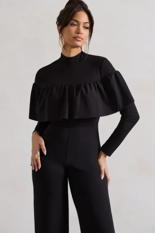 For The Frill | Black High-Neck Straight-Leg Jumpsuit With Frills