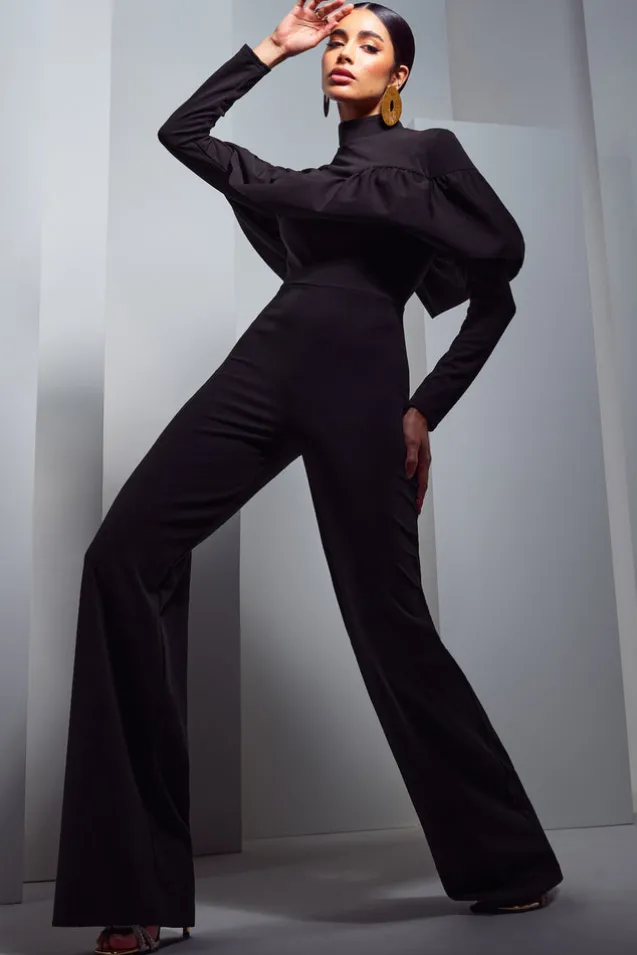 For The Frill | Black High-Neck Straight-Leg Jumpsuit With Frills