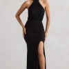 Forever Dreaming | Black Backless Halter Neck Ruched Split Maxi Dress