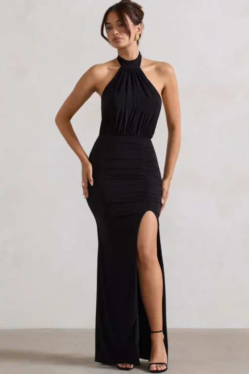 Forever Dreaming | Black Backless Halter Neck Ruched Split Maxi Dress