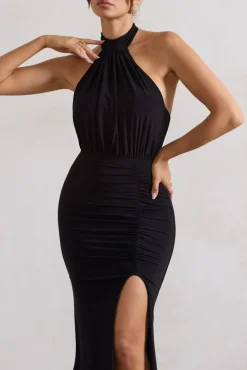 Forever Dreaming | Black Backless Halter Neck Ruched Split Maxi Dress