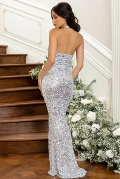 Forever Shining | Silver Sequin Halter Neck Maxi Dress
