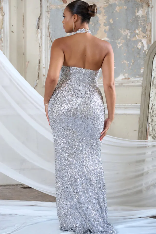Forever Shining | Silver Sequin Halter Neck Maxi Dress