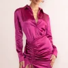 Francine | Orchid Satin Ruched Long Sleeve Shirt Mini Dress