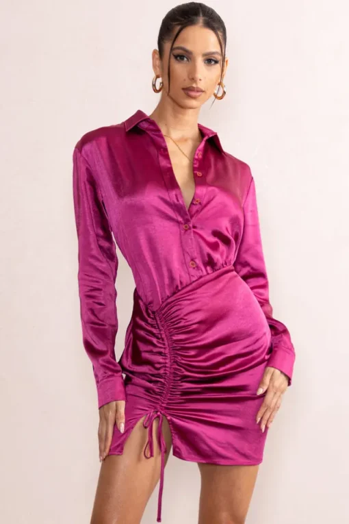 Francine | Orchid Satin Ruched Long Sleeve Shirt Mini Dress