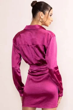 Francine | Orchid Satin Ruched Long Sleeve Shirt Mini Dress