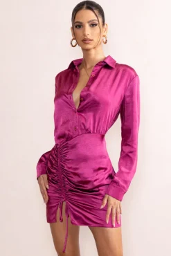 Francine | Orchid Satin Ruched Long Sleeve Shirt Mini Dress