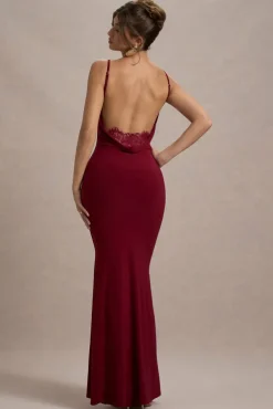 Francoise | Berry Cowl Neck Backless Maxi Dress With Lace Insert