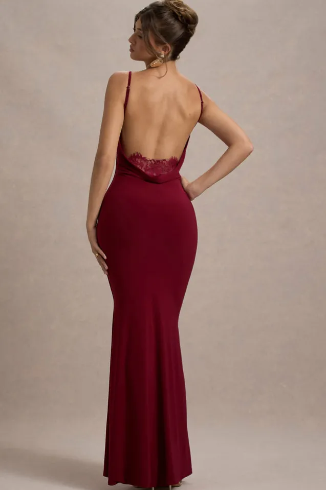 Francoise | Berry Cowl Neck Backless Maxi Dress With Lace Insert