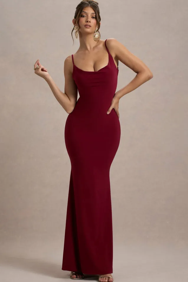 Francoise | Berry Cowl Neck Backless Maxi Dress With Lace Insert