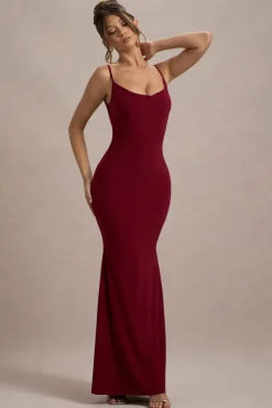 Francoise | Berry Cowl Neck Backless Maxi Dress With Lace Insert