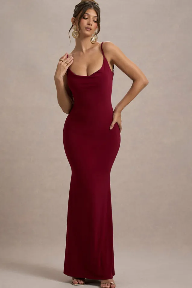Francoise | Berry Cowl Neck Backless Maxi Dress With Lace Insert