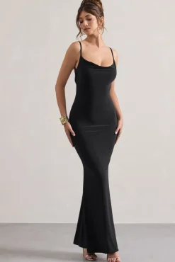 Francoise | Black Cowl Neck Backless Maxi Dress With Lace Insert