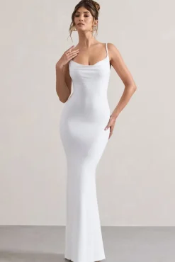 Francoise | White Cowl Neck Backless Maxi Dress With Lace Insert