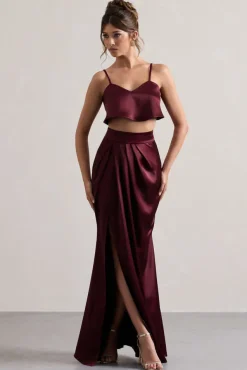 Free Feeling | Plum Satin Split Maxi Skirt