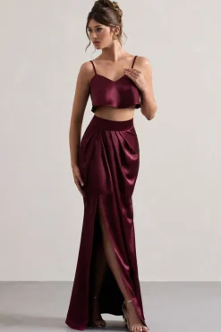 Free Feeling | Plum Satin Split Maxi Skirt