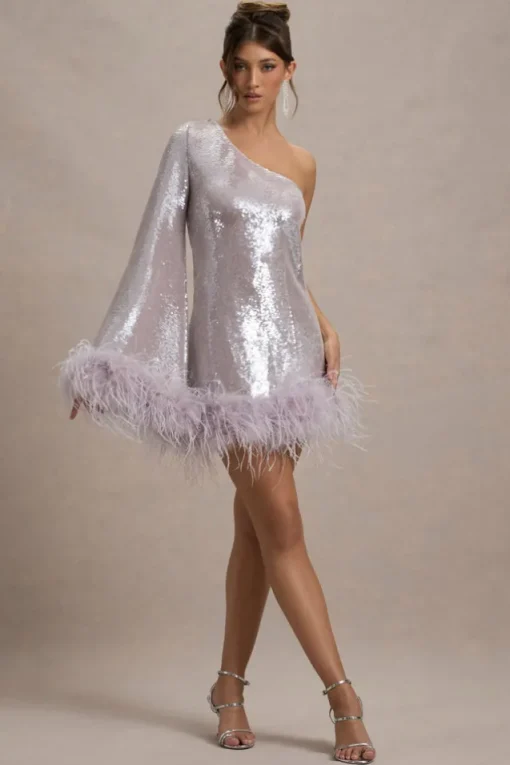 Free Soul | Lilac Sequin One-Shoulder Feather Trim Mini Dress