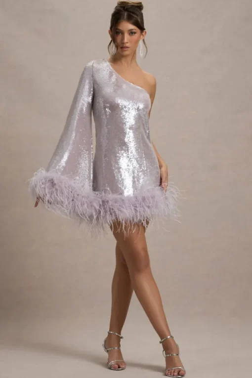Free Soul | Lilac Sequin One-Shoulder Feather Trim Mini Dress