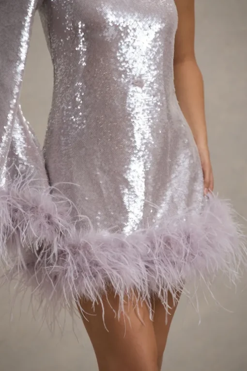 Free Soul | Lilac Sequin One-Shoulder Feather Trim Mini Dress