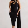 Freedom | Black Strappy Asymmetric Cut-Out Midi Dress With Cape
