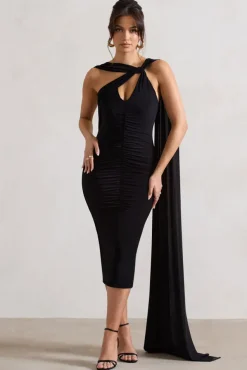 Freedom | Black Strappy Asymmetric Cut-Out Midi Dress With Cape