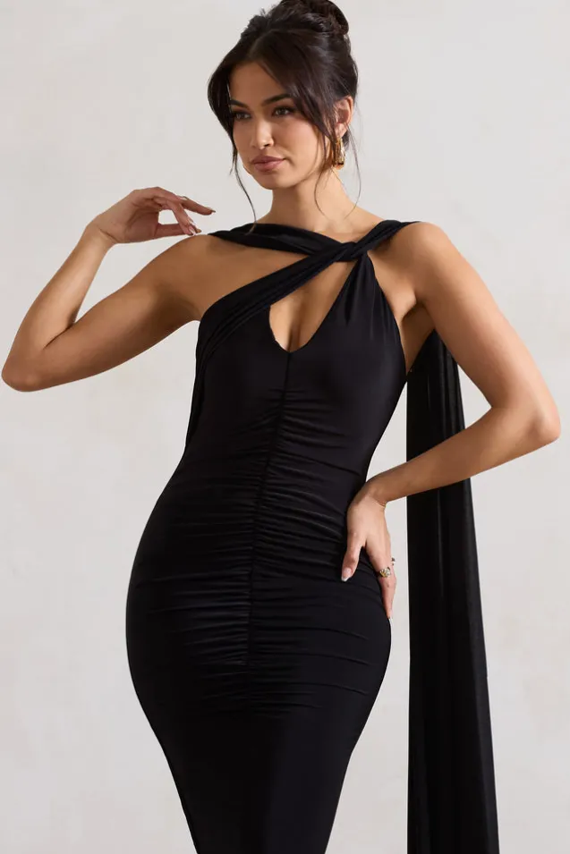 Freedom | Black Strappy Asymmetric Cut-Out Midi Dress With Cape