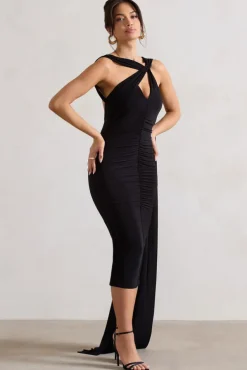 Freedom | Black Strappy Asymmetric Cut-Out Midi Dress With Cape