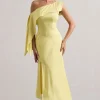 Freesia | Lemon Satin Asymmetric Draped Split Maxi Dress