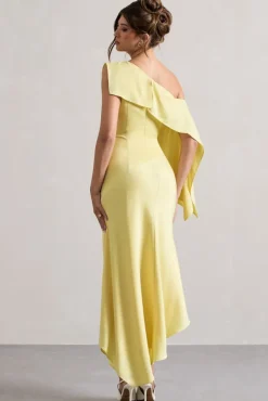 Freesia | Lemon Satin Asymmetric Draped Split Maxi Dress