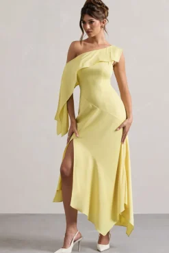 Freesia | Lemon Satin Asymmetric Draped Split Maxi Dress