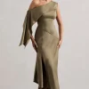 Freesia | Olive Satin Asymmetric Draped Split Maxi Dress