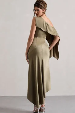 Freesia | Olive Satin Asymmetric Draped Split Maxi Dress