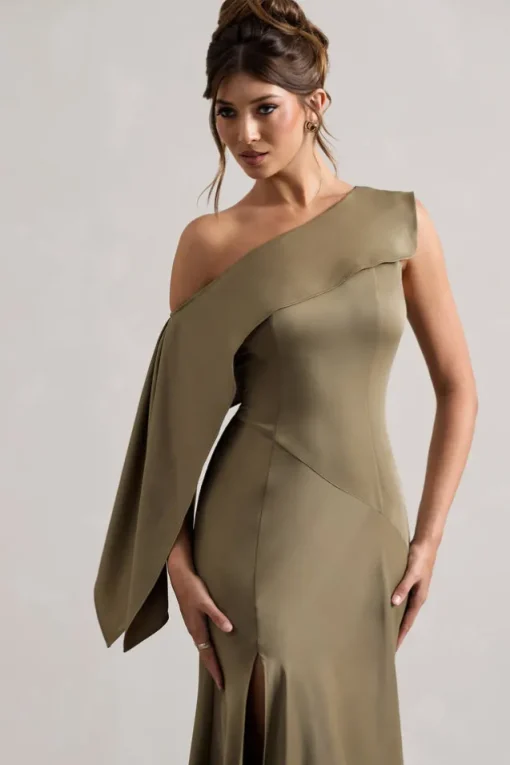 Freesia | Olive Satin Asymmetric Draped Split Maxi Dress