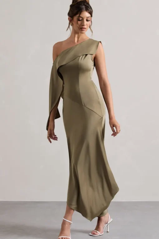 Freesia | Olive Satin Asymmetric Draped Split Maxi Dress