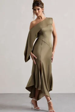 Freesia | Olive Satin Asymmetric Draped Split Maxi Dress