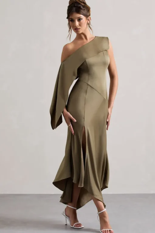 Freesia | Olive Satin Asymmetric Draped Split Maxi Dress