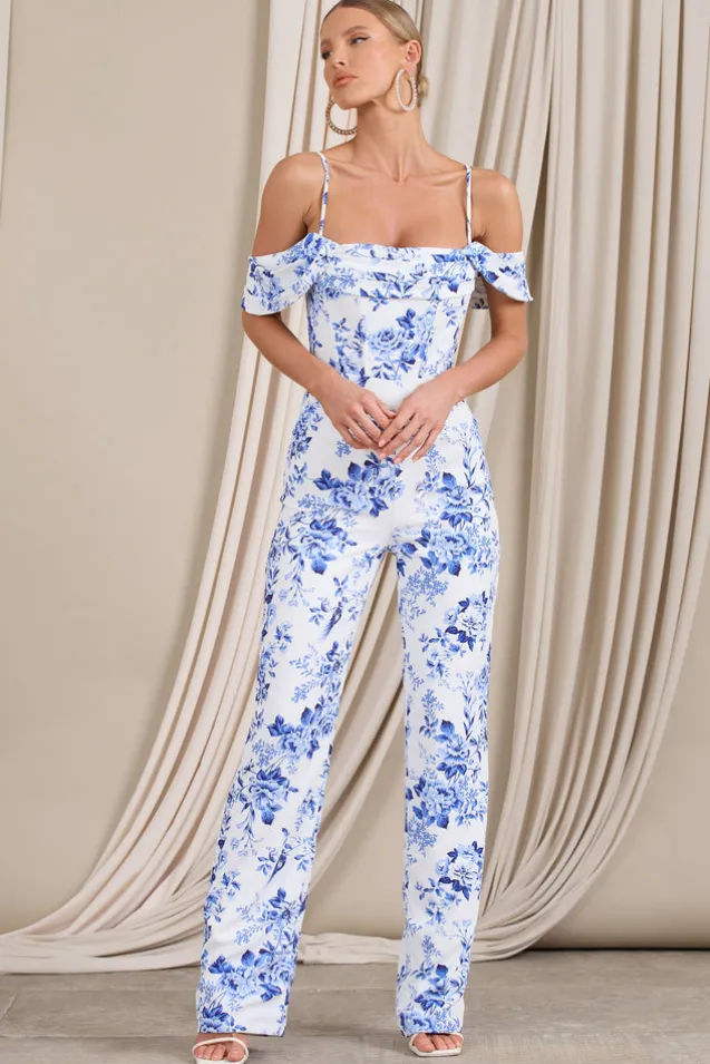 From The Vine | Blue Floral Strappy Drape-Sleeved Corset Jumpsuit
