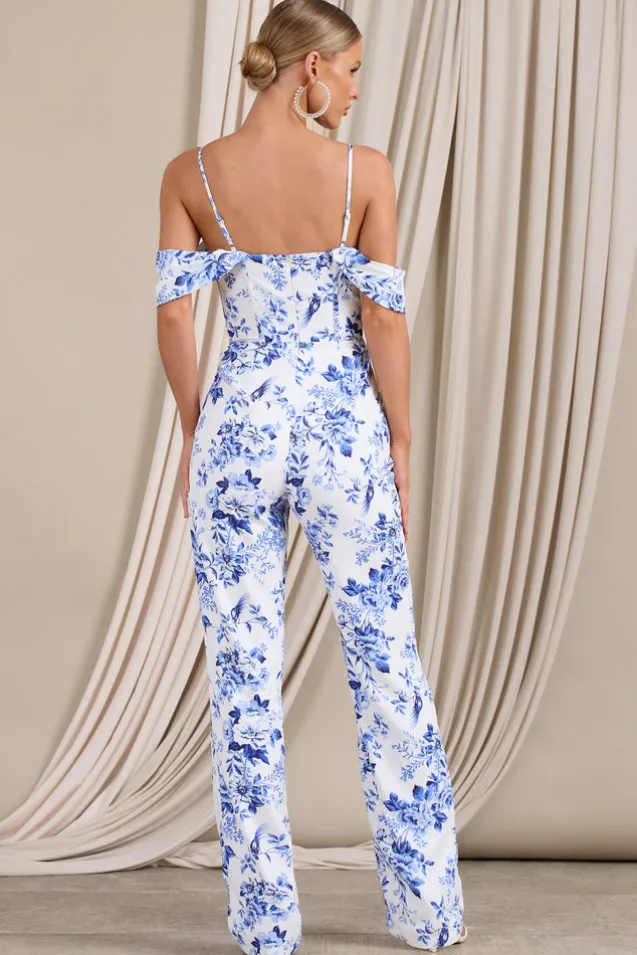 From The Vine | Blue Floral Strappy Drape-Sleeved Corset Jumpsuit
