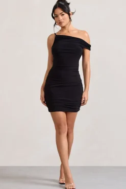 Front Page | Black Ruched Asymmetric Bodycon Mini Dress