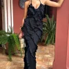 Full On | Black V-Neck Ruffle Maxi Dress
