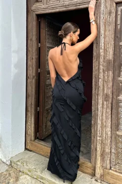 Full On | Black V-Neck Ruffle Maxi Dress