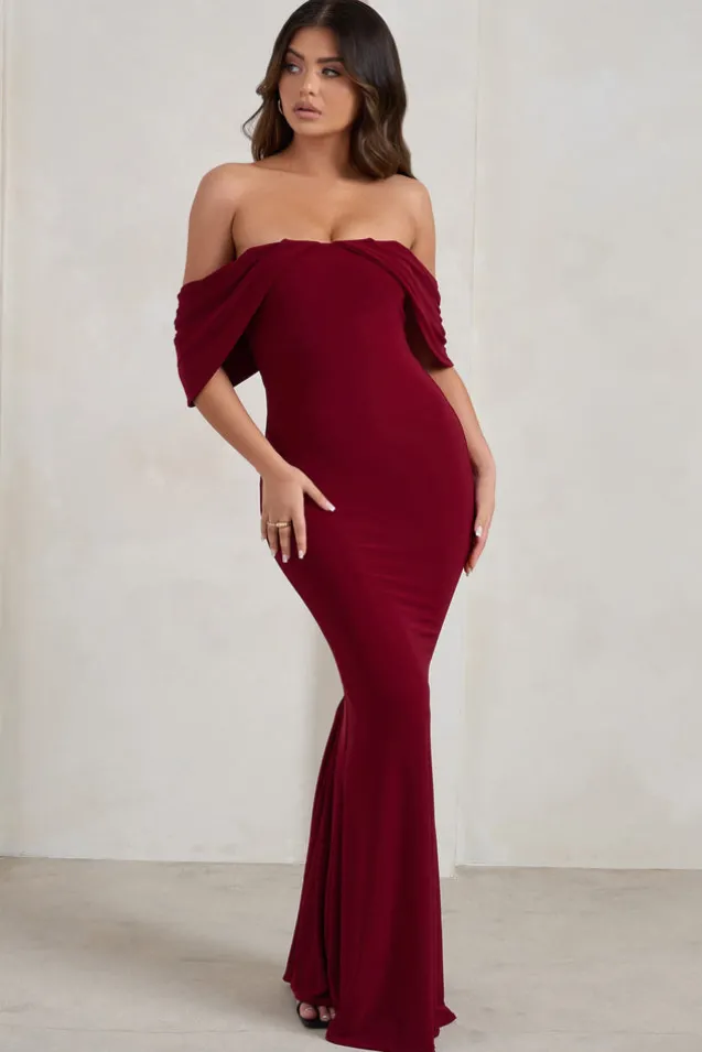 Gabrielle | Berry Red Bardot Neckline With Drape Sleeves Maxi Dress