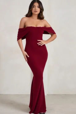 Gabrielle | Berry Red Bardot Neckline With Drape Sleeves Maxi Dress