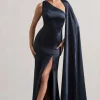 Gala | Navy Satin One-Shoulder Cape Sleeve Split Maxi Dress