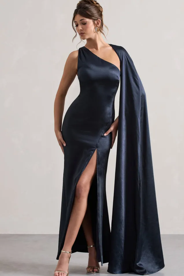 Gala | Navy Satin One-Shoulder Cape Sleeve Split Maxi Dress