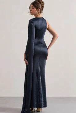Gala | Navy Satin One-Shoulder Cape Sleeve Split Maxi Dress