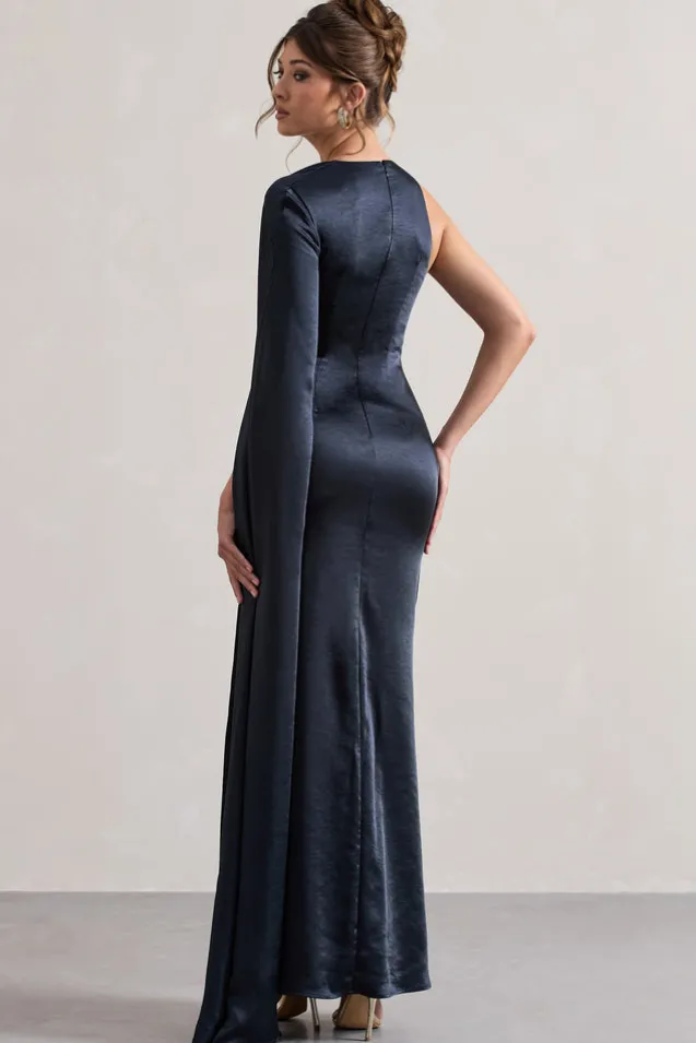 Gala | Navy Satin One-Shoulder Cape Sleeve Split Maxi Dress